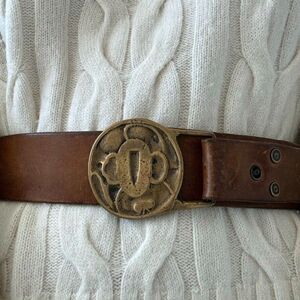 Vintage Womens 1970s Brown Leather Solid Brass Geometric Hippie Belt Sz L